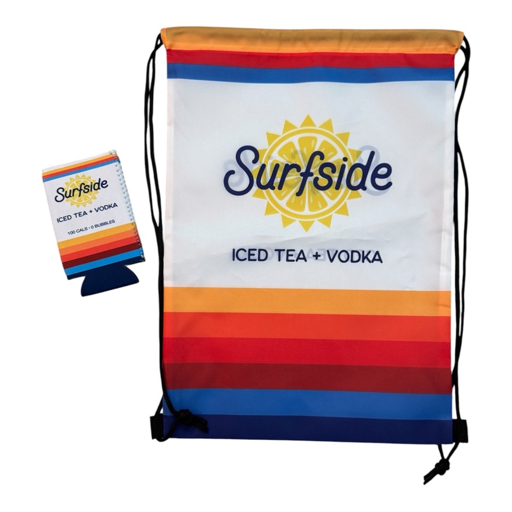Surfside Iced Tea Vodka Drawstring Bag and Can Koozie Set Retro Rainbow Stripe